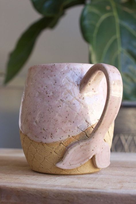 Mermaid Mug, Tail Mermaid, Strawberry Frosting, Handmade Mermaid, Pottery Handbuilding, Tanah Liat, Keramik Design, Clay Mugs, Hand Built Pottery