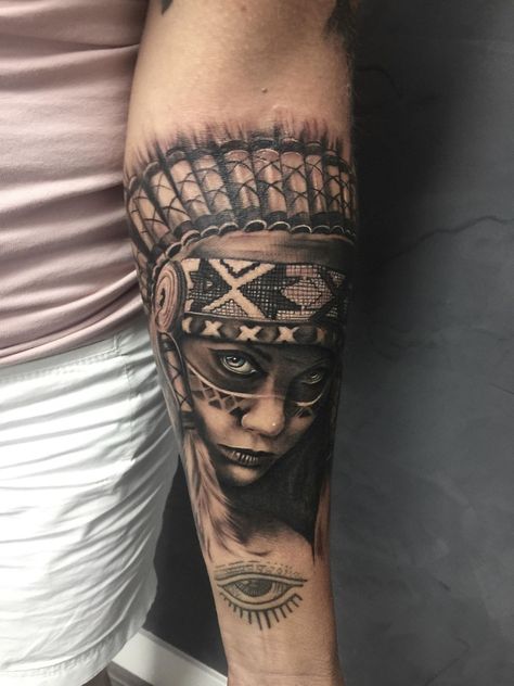 Apache girl tattoo Indian Tribe Tattoo, Tribe Tattoo, Indian Girl Tattoos, Calf Tattoos For Women, Lower Arm Tattoos, Basic Tattoos, Native American Tattoo, Traditional Style Tattoo, Traditional Tattoo Sleeve