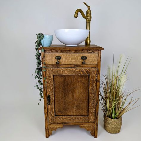 Small Antique Bathroom Vanity, Vintage Sink Cabinet, Vintage Sinks Bathroom, Old Fashioned Bathroom Sink, Small Vintage Bathroom Sink, Victorian Bathroom Vintage, Dresser Sink Vanity Rustic, Old Dresser Bathroom Vanity Bowl Sink, Over The Toilet Wooden Cabinet