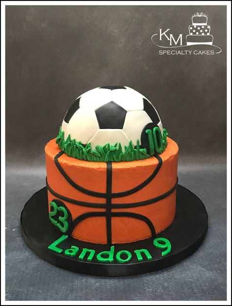 Soccer and basketball cake Basketball Football Cake, Soccer Basketball Cake, Half Soccer Half Basketball Cake, Basketball And Soccer Cake, Sports Cakes For Boys Birthdays, Sports Cake Ideas, Cake Bola, Sports Birthday Cake, Basketball Cakes