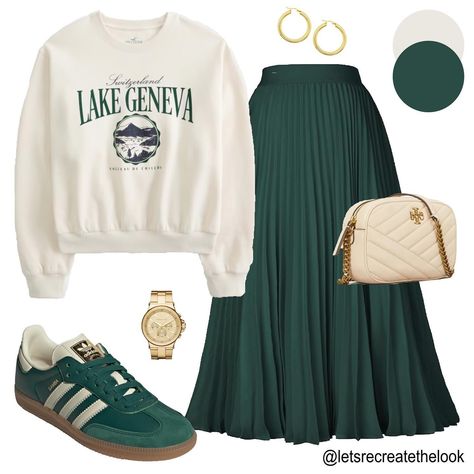 Pleated Skirt x Sweatshirt - 3 Outfit Ideas 🦚 Do you own any pleated skirts? Have you been looking for a different way to style them? Try yours with a graphic print sweatshirt and sneakers for a cute and elevated casual look! Save this post for style inspo and look in your closet and see how you can recreate similar looks yourself! For links to these looks, comment, PLEATS PLEASE! I recently purchased these three sweatshirts (currently on sale), so I will be showing several more ways to st... Pleated Skirt And Sweatshirt Outfit, Pleated Skirt With Sneakers Outfit, Dress With Rubber Shoes Outfit, Elevated Sweatshirt Outfit, Skirt Sweatshirt Outfit, Patterned Skirt Outfit, Skirt And Sweatshirt Outfit, How To Style Pleated Skirt, Pattern Skirt Outfit