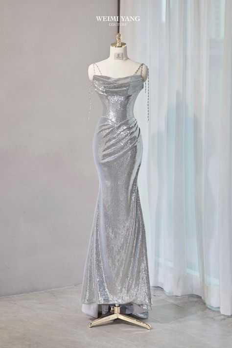 Silver Long Dresses, Silver Gowns Elegant Formal, Silver Gala Dress, Silver Dress Aesthetic, Silver Prom Dress Sparkly, Silver Dresses Elegant, Elegant Silver Dress, Gray Prom Dresses, Silver Long Dress