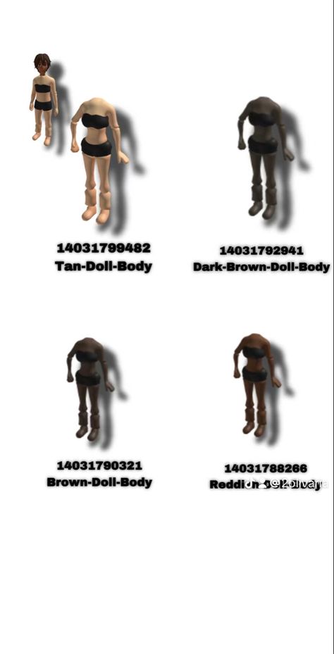 Roblox Doll Body Code, Roblox Body Suit Codes, Dora Outfits, Roblox Accessories, Roblox Ids, Brookhaven Codes, Code Clothing, Masc Outfits, Clothing Studio