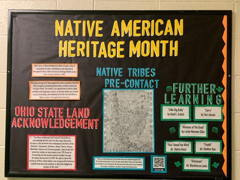 The information for this Native American Heritage Month Bulletin Board for November was made with Adobe Photoshop. Letters were cut out on Brights cardstock using Cricut, font is Bebas. Background is black butcher block paper. Native American Heritage Month Bulletin Board Ideas, Native American Month Bulletin Board, Native American Heritage Month Bulletin Board, Black Butcher Block, Native American Heritage Month Bulletin, Heritage Month Bulletin Board, Res Life Door Decs, History Bulletin Boards, November Bulletin Boards