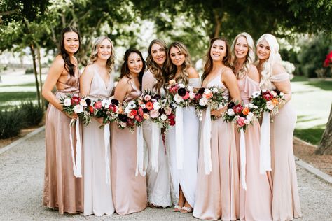 Elegant + romantic pink bridesmaids dresses were the perfect addition to the California wedding | Image by Lauren Scotti Modern Whimsical Wedding, Bridesmaid Dresses With Bright Flowers, Neutral Wedding Party With Bright Flowers, Champagne Bridesmaid Dresses With Colorful Flowers, Champagne Bridesmaid Dresses With Bright Flowers, Neutral Bridesmaid Dresses Colorful Flowers, Champagne Bridesmaid Dresses With Bright Florals, Champagne Bridesmaid Dresses Bright Flowers, Champagne Bridesmaid Dresses Colourful Flowers