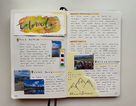 #bulletjournaling #travelblogger #colorado #journal Road Trip Journal Ideas, Colorado Aesthetic, Road Trip Journal, Travel Journaling, Travel Journal Pages, Colorado Travel, Journal Pages, Journal Ideas, Travel Journal