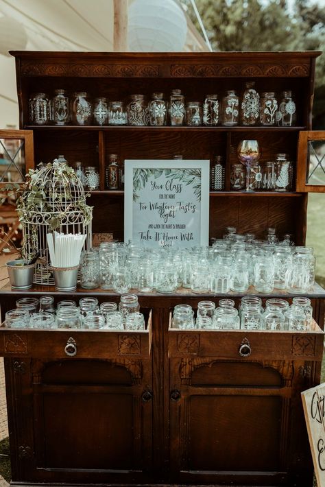 Self Serve Drink Bar Ideas Parties, Take A Glass Its Yours To Keep Wedding, Elegant Drink Station, Wedding Serve Yourself Bar, Dresser Bar Wedding, Diy Drink Station, Beverage Stations, Prosecco Van, Original Wedding Ideas