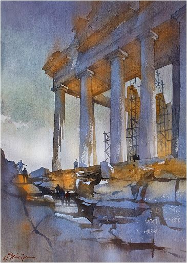 Artist of the Month: Thomas Schaller | Wandering Educators Schaller Watercolor, Thomas W Schaller, Thomas Schaller, Artist Of The Month, Art Thomas, The Parthenon, The Acropolis, Watercolor Architecture, Architecture Painting