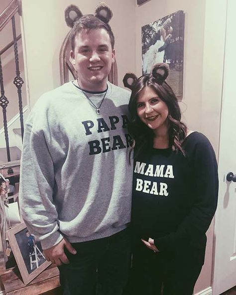 Cute Pregnancy Halloween Costumes Couples, Mama Bear Halloween Costume, Pregnant Announcement Halloween Costumes, Husband And Pregnant Wife Halloween Costumes, Pregnant Costume Ideas For Couples, Couple Pregnant Halloween Costumes, Couples Costumes Pregnant, Mama Bear Costume, Maternity Halloween Costumes Couples