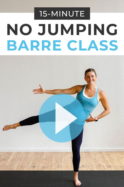 10 low impact, barre-inspired exercises in a 15-Minute Cardio Barre Workout Video! Raise your heart-rate + boost metabolism with just your bodyweight in 15 minutes! Great for pregnancy, post-baby, bad knees, beginners, and low impact cross training for runners! Cross Training For Runners, Training For Runners, Barre Workout Video, Power Yoga Workout, Cardio Barre, Low Impact Cardio Workout, Nourish Move Love, Home Workout Videos, Low Impact Cardio