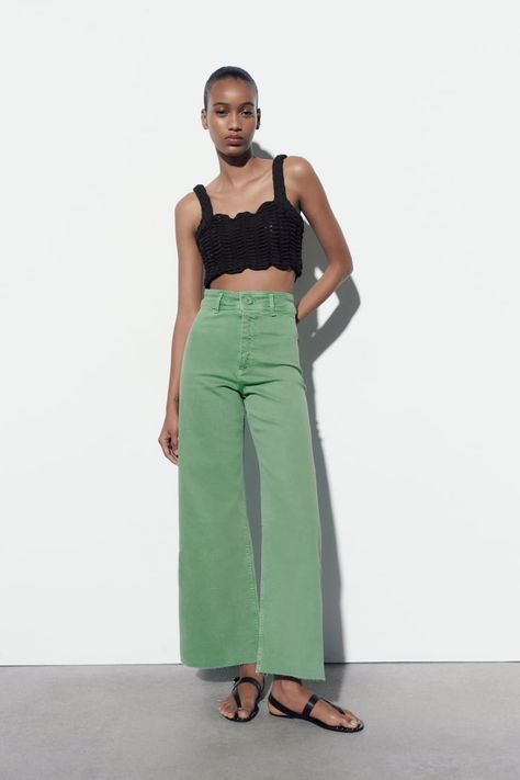 ZW THE HIGH RISE MARINE STRAIGHT JEANS - Green | ZARA United States Zara Wide Leg Jeans, Straight Jeans Outfit, Gold Jeans, High Waist Wide Leg Jeans, Woman Jeans, Olive Green Pants, Purple Jeans, Cropped Wide Leg Jeans, Green Jeans