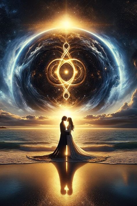 An ethereal love tale depicted through this stunning illustration of Yin and Yang - a soulmate couple caught amidst a cosmic love dance. The artwork resembles a dreamy, celestial wedding painting, visualizing an otherworldly romance. Twin Flame Love story. Love In Darkness, Twin Flame Art Couple, Love Romance Art, Soulmate Illustration, Telepathic Love, Fantasy Couple Romantic, Romantic Soulmate, Ethereal Love, Soulmate Couple