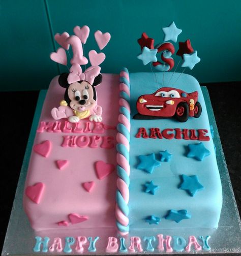 Baby Minnie mouse and Cars half and half girls and boys cake Half And Half Birthday Cake Ideas, Birthday Cake For Twins Boy And Girl For Kids, Birthday Cake For Boy And Girl Together, 2 In 1 Cake For Boy And Girl, Half Boy Half Girl Cake, Half And Half Cake Ideas, Twin Cakes Ideas Boy And Girl, Cake For Twins Boy And Girl, Birthday Cake For Twins Boy And Girl