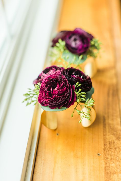 Burgundy Wrist Corsage Wedding, Cuff Corsage Prom, Cuff Corsage Wedding, Ranunculus Wrist Corsage, Burgundy Wrist Corsage, Wedding Ranunculus, Cuff Corsage, Wearable Florals, Flower Thoughts