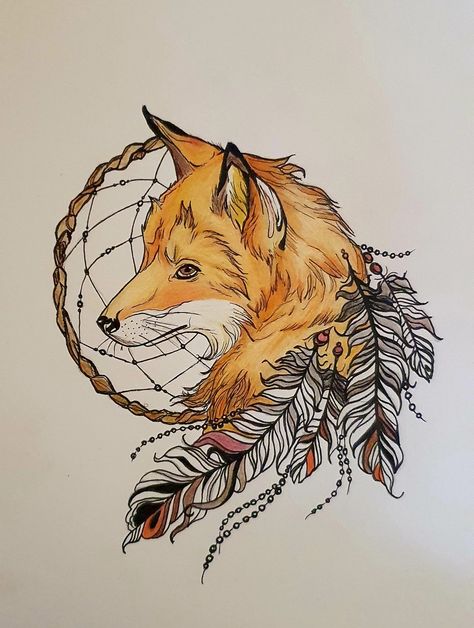 Native Fox Tattoo, Fox Dream Catcher, Native American Fox Tattoo, Fox Mandala Tattoo, Fox And Flowers Tattoo, Dreamcatcher Drawing, Ukrainian Tattoo, Headdress Tattoo, Fox Tattoo Design