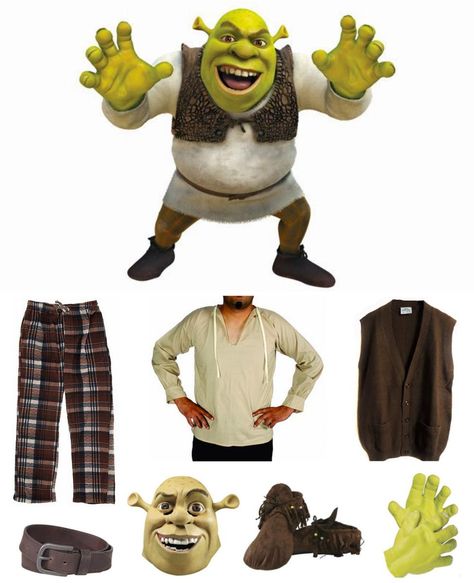 Diy Shrek Costume Women, Shrek Costume Ideas Diy, Shriek Halloween Costume, Family Shrek Halloween Costumes, Thelonious Shrek, Fantasia Shrek E Fiona, Diy Shrek Character Costumes, Diy Fiona Costume Shrek, Diy Shrek Ears