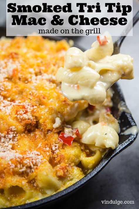 An Indulgent recipe for Smoked Tri Tip Mac & Cheese cooked on the grill. Shell pasta is mixed with smoked tri tip, red peppers, sharp cheddar & gruyere cheese melted in a bechamel sauce with creme fraiche. You will NOT be disappointed with this mac and cheese recipe! #macandcheese #smokedmacandcheese #tritip #vindulge #grilled Bbq Dinner Recipes, Smoked Tri Tip, Easy Fast Dinner Recipes, Smoked Mac And Cheese, Shell Pasta, Recipes Cheese, Cheese Sauce For Pasta, Homemade Comfort Food, Healthy Pumpkin Pies