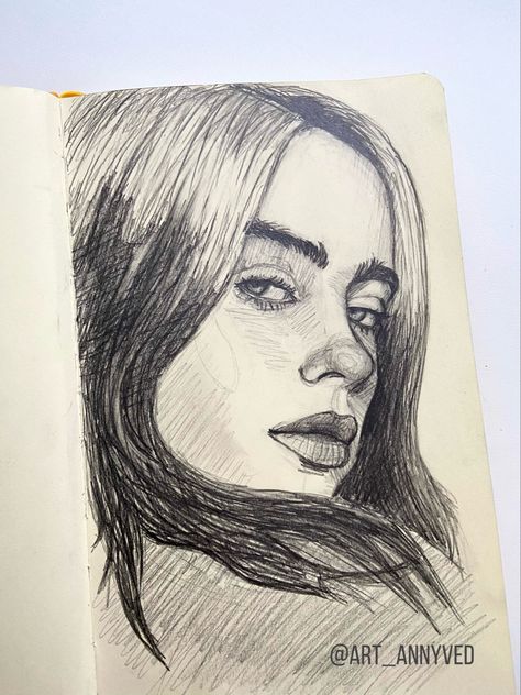 Easy Drawings With Pen, Billie Eilish Drawing Ideas, Drawing Ideas Faces Sketches, Billie Sketch, Billie Eilish Portrait Drawing, Billie Eilish Drawing Sketch, Famous People Drawings, Face Drawings Sketches, Billie Eilish Drawing Easy