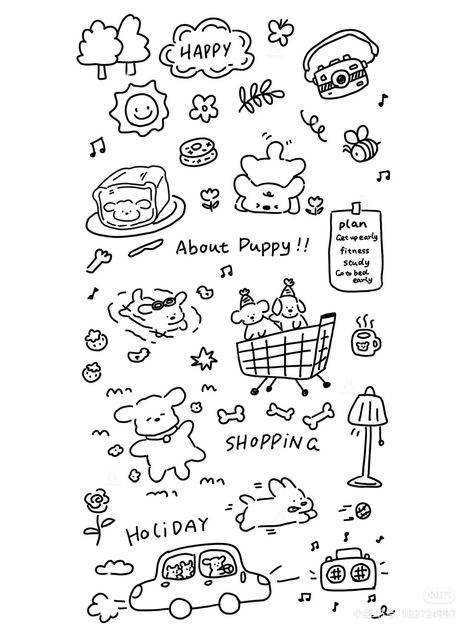 Cute Planner Doodles, 2024 Doodle Art, Korean Doodle, Doodles Digital, Doodle Journal, Note Doodles, Drawing Journal, 강아지 그림, Easy Doodles Drawings