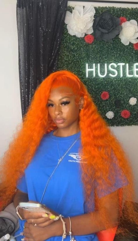 Different Lace Front Styles, Ginger Orange Wig, Wig Colors For Brown Skin, Ginger Deep Wave Wig Black Women, Orange Frontal Wig, Orange Wigs For Black Women, Orange Hair Black Women, Orange Lace Front Wig, Bday Hairstyles