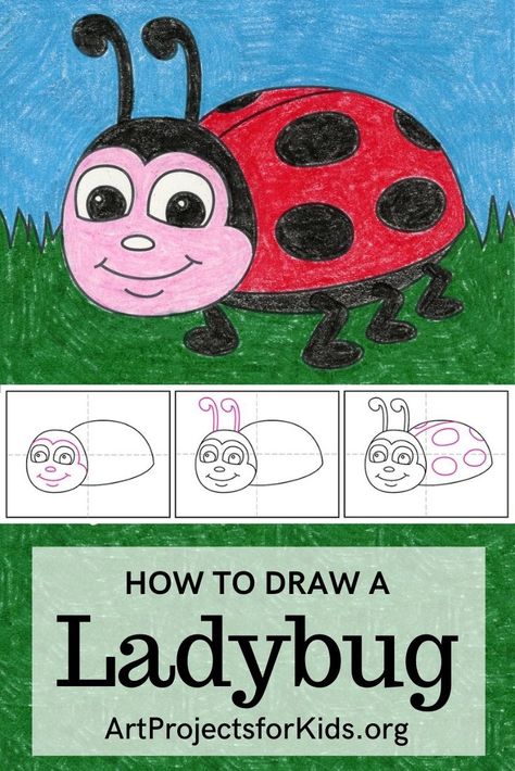 Learn how to draw a Ladybug with an easy step-by-step PDF tutorial. #howtodraw #tutorial #drawing #drawingtutorial #arttutorial #artprojectsforkids #howtodrawforkids #ldaybug Ladybird Drawing Simple, Ladybug Art Project, Insect Directed Drawing, Ladybug Directed Drawing, Cute Ladybug Drawing Insects, Ladybug Coloring Page, Bugs Drawing, Grade 1 Art, Hand Art Kids