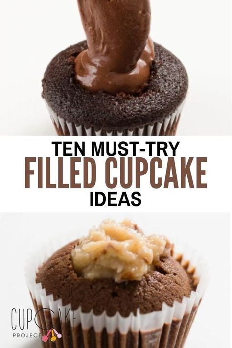 Cheesecake Stuffed Cupcake Recipes, Brownie Batter Cupcake Filling, Frosting Inside Cupcakes, Chocolate Filled Cupcake Recipes, Chocolate Pudding Filled Cupcakes, Filling Ideas For Cupcakes, How To Add Filling To Cupcakes, Pudding Filling For Cupcakes, Ganache Filling For Cupcakes