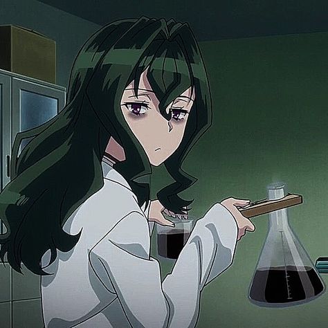 Scientist Anime Character, Shimoneta Fuwa, Chemistry Anime, Anime Scientist Woman, Anime Scientist, Scientist Oc, Black And Green Hair, Women Scientists, Creepy Christmas