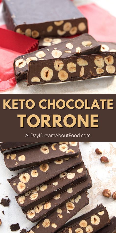 Keto chocolate torrone is a rich chocolate shell filled with sugar free chocolate cream and roasted hazelnuts. It’s a classic Italian treat made low carb! Chocolate Torrone, Sugar Free Nutella, Keto Italian, Keto Cakes, Low Carb Candy, Roasted Hazelnuts, Keto Holiday, Sugar Free Treats, Postre Keto