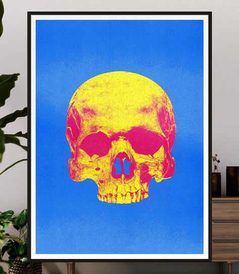 MAJOR PRINT NEWS! Our “Gold Skull” print has been given a pop-art Warhol-esque makeover! Look at those colours! Choose from either single… Andy Warhol Poster, Pop Art Warhol, Yellow Canvas Art, Ink Drop, Screen Print Poster, Neon Printing, Graphic Poster Art, Gold Skull, Pop Art Wallpaper