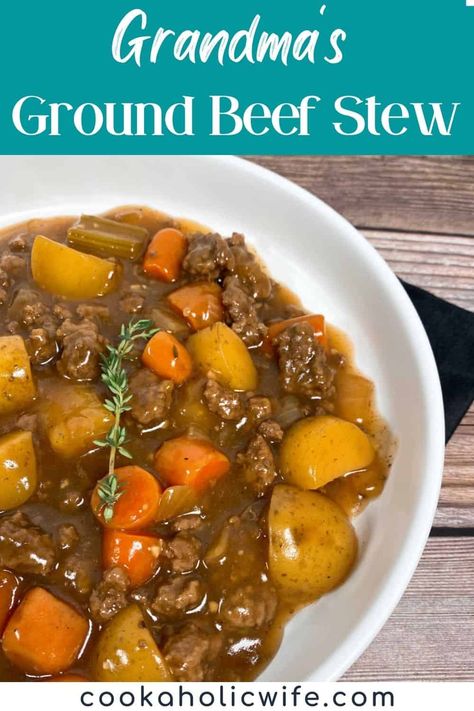 Grandma's Ground Beef Stew is an old-fashioned stew recipe where ground beef replaces stew meat, making it a more affordable option. This family recipe features carrots, potatoes, onions and celery in a hearty stew for the ultimate comfort food meal on a chilly night. #groundbeefstew #grandmasrecipes #beefstew #hamburgerstew #poormanstew #groundbeefrecipes Spicy Soups, Ground Beef Stew Recipes, Ground Beef Stew, Poor Mans Stew, Ground Beef Stews, Hearty Stew, Hamburger Stew, Carrots Potatoes, Hearty Beef Stew