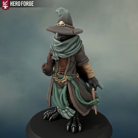 Kettlesteam the Kenku Warlock of the Archfey. Pact of the Tome. Heroforge Miniature. DnD mini. Kenku Warlock, Dnd Mini, Bird People, Witch Cottage, Dnd Characters, Dungeons And Dragons, Witch