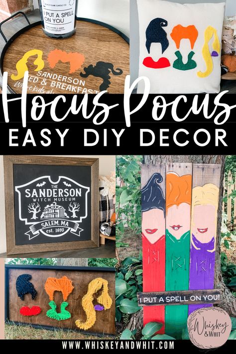 20 MUST SEE Hocus Pocus Inspired DIYs for Halloween Decor - Whiskey & Whit Hocus Pocus Diy, Hocus Pocus Party Decoration, Hocus Pocus Decorations, Hocus Pocus Halloween Decor, Hocus Pocus Party, Dollar Tree Halloween, Halloween Hocus Pocus, Salem Ma, Halloween Door Decorations