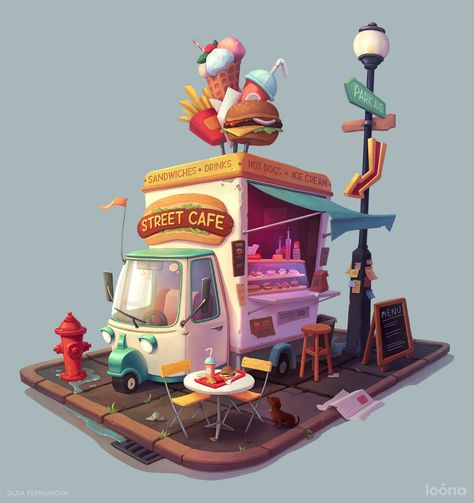 ArtStation - Food Truck, Olga Permiakova Props Concept, Bg Design, Props Art, Food Truck Design, Isometric Art, Low Poly Art, Toy Art, Game Concept Art, Ice Cream Truck