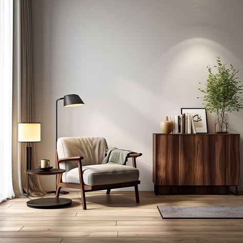 Beige And Dark Wood Living Room, Japanese Inspired Living Room, Dark Wood Living Room, Dark Brown Table, Sofa Wooden, Softbox Lighting, Dark Wood Furniture, Room Dark, Bedside Table Design