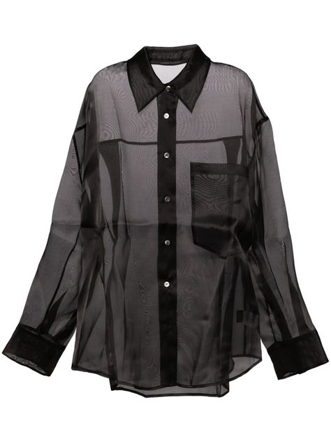 black silk front button fastening chest patch pocket classic collar semi-sheer construction drop shoulder long sleeves buttoned cuffs Frankie Shop, Wardrobe Edit, Sheer Shirt, Yoko London, Exclusive Fashion, Oversized Shirt, Black Silk, Jacket Tops, Drop Shoulder