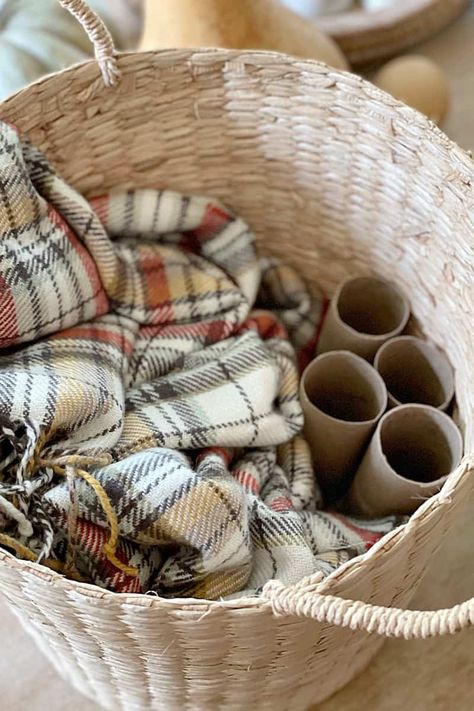 Basket With Pumpkins Decor, Fall Blanket Basket, Blankets In Basket Decor, Fall Potpourri Display, Large Basket Decor Ideas Fall, Fall Crock Decorating Ideas, Basket Of Pumpkins Decor, Decorating Crocks For Fall, Fall Basket Arrangements