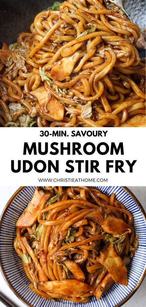 Vegan Udon Noodle Recipe, Mushroom Udon, Vegan Udon Noodles, Udon Noodle Recipe, Vegan Udon, Udon Stir Fry, Udon Noodles Recipe, Oyster Mushroom Recipe, Fried Udon