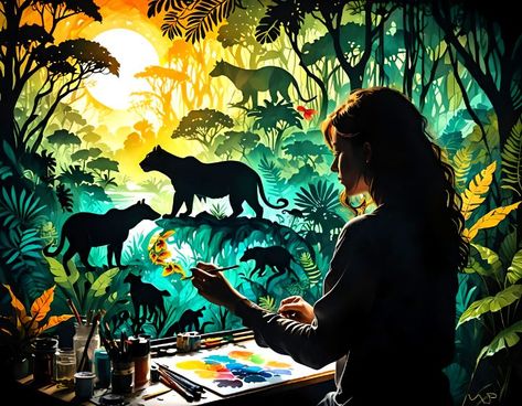 Painting A Jungle - NineCats Studio Abstract Mermaid, Mermaid Stories, Girl Walking, Jungle Art, Bright Sun, Happy Sun, Summer Sky, Deep Forest, Beautiful Mountains