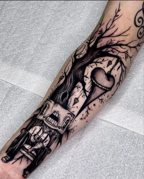 Tim Burton Tree, Gothic Arm Tattoo, Halloween Tattoos Sleeve, Gothic Tattoos, Cute Thigh Tattoos, Cherub Tattoo, Tree Heart, Full Arm Tattoos, Clever Tattoos