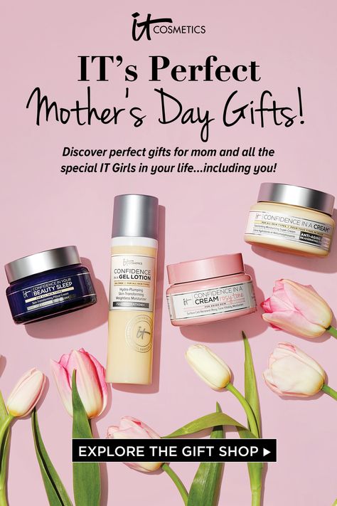 This Mother’s Day, you and mom can look and feel your best at home! Discover perfect gifts for mom and all the special IT Girls in your life…including you! From #1 Best-Selling Anti-Aging Hydrating Serum and SPF 50+ CC+ Cream, to the #1 Awarded Anti-Aging Prestige Moisturizer, Confidence in a Cream! IT has got mom (and you) covered this Mother’s Day and beyond! Explore the gift shop now to find the perfect makeup and skincare for her! Mothers Day Product Photography, Mothers Day Skincare, Mothers Day Advertising, Mothers Day Ad, Mothers Day Post, Skincare Gifts, 50 Cc, Diy Gifts For Dad, Premium Skincare