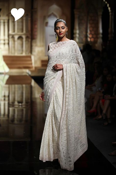 Day 1 at BMW India Bridal Week: Abu Jani & Sandeep Khosla's Varanasi Collection! | WedMeGood White Chickenkari Saree, Chicken Saree, Chikan Saree, Bmw India, Day 1, Bridal Styling, Indian Fashion Saree, White Saree, Embroidered Saree