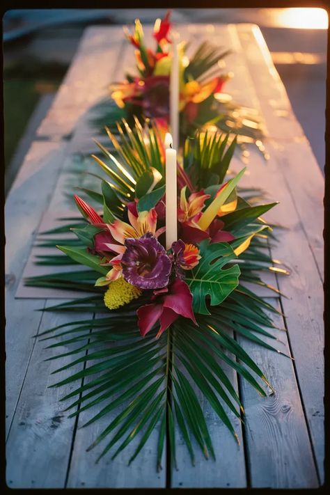 Tropical Tablescapes For A Dream Summer Garden Party | Daisily Tropical Diy Centerpieces, Tropical Table Centerpieces Diy, Tropical Table Runner, Tropical Theme Table Setting, Carribean Centerpiece Ideas, Tropical Wedding Backdrop Ideas, Tropical Table Arrangements, Tropical Style Wedding, Caribbean Table Decor