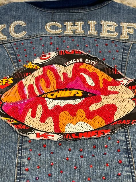 Bling Denim Jacket, Chiefs Jacket, Bling Denim, Dallas Cowboys Women, Football Jacket, White Joggers, Football Jackets, Painted Denim Jacket, Nfl Kansas City Chiefs