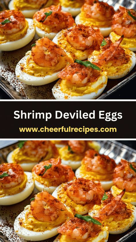 🍤🥚 Elevate your appetizer game with these Shrimp Deviled Eggs!  Creamy, zesty deviled eggs topped with perfectly seasoned shrimp for a bite-sized burst of flavor.  🤩 Whether it’s for a party or a fancy snack, these will be gone in no time!  Ready to wow your guests?  Click the link for the full recipe! 👇  🌐 Deviled Eggs And Shrimp, Flavored Deviled Eggs, Deviled Egg Flavors, Different Deviled Egg Recipes, Paula Deen Deviled Eggs Recipe, Cajun Shrimp Deviled Eggs, Shrimp Deviled Eggs Recipes, Fancy Deviled Eggs Ideas, Strawberry Deviled Eggs