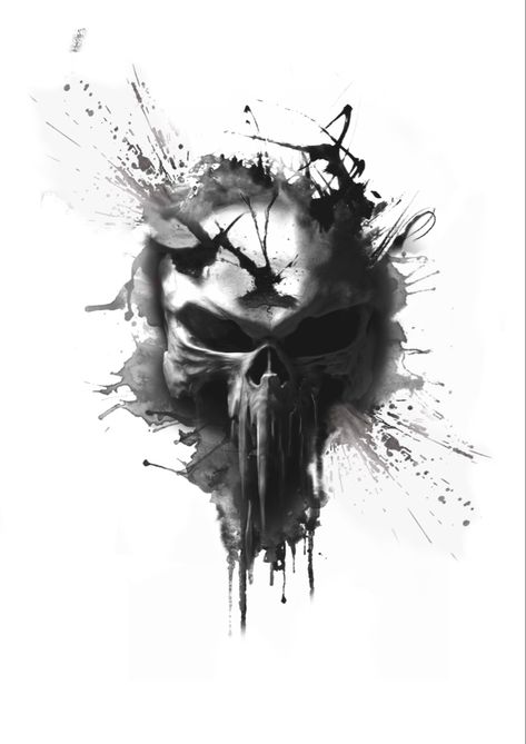 The punisher realistic skull tattoo design with ink splatter effects and watercolours done using Procreate Realistic Skull Tattoo Design, Punisher Skull Tattoo, Realistic Skull Tattoo, Punisher Symbol, Quote Tattoo Designs, Punisher Tattoo, Punisher Skull Logo, Punisher Artwork, Punisher Art