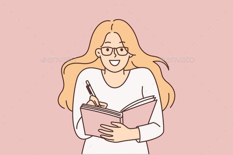 Smart Woman Student Holds Pen and Notepad Writing Writing Animation, Person Writing, Work Cartoons, Smart Woman, Instagram Frame Template, Dog Books, Smart Women, Instagram Frame, Frame Template