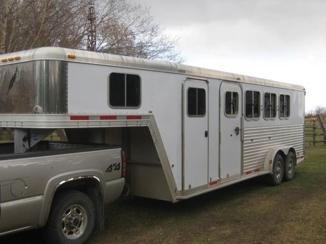 2004 FEATHERLITE 4 HORSE TRAILER FOR SALE IN ALBERTA: 8541 Platinum model all aluminum gooseneck trailer. Horse area is fully insulated, multiple ties per stall, 1 roof vent per stall, padded dividers, ¾” rubber mat flooring, lights, rear tack area 4 Horse Trailer, Rubber Mat Flooring, Small Motorhomes, Airstream Basecamp, Lightweight Trailers, Horse Trailers For Sale, Livestock Trailers, Mercedes Van, House Of Night