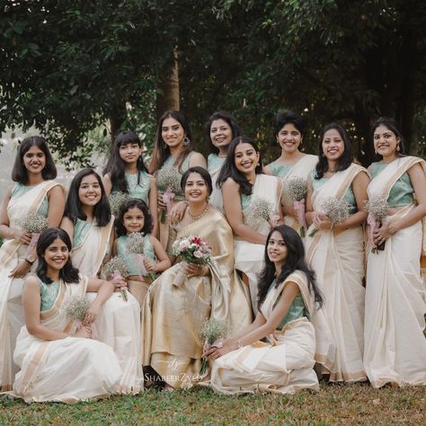 Kerala Wedding Bridesmaids, Wedding Guest Saree Look Kerala, Kerala Bridesmaid Dresses, Kerala Wedding Guest Outfit, Dress Code For Kerala Wedding, Christian Bridesmaid Dresses, Kerala Bridesmaid, Bridal Maid Dress, Kerala Engagement Dress