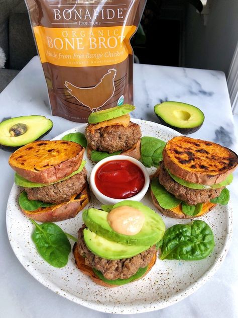 Paleo Sweet Potato Bun Lamb Burgers (Whole30) - rachLmansfield Sweet Potato Bun, Sweet Potato Burger, Potato Burger, Potato Bun, Whole30 Recipe, Sweet Potato Buns, Sweet Potato Burgers, Lamb Burgers, Bone Broth