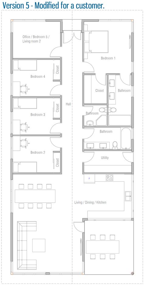 6 Bedroom House Plans, Simple Floor Plans, 5 Bedroom House Plans, Narrow House Plans, Bungalow Floor Plans, Small House Floor Plans, House Floor Design, Building Plans House, House Plan Gallery